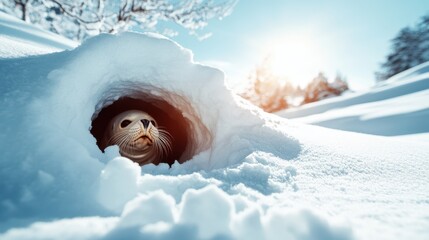 A seal curiously peers out from a snow tunnel, with bright sunlight illuminating the scene, emphasizing the contrast between the snow and blue sky.