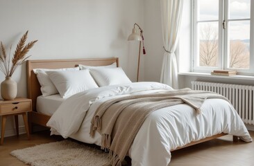 A serene bedroom showcases a wooden bed with white bedding, accented by a soft throw and a lamp beside a window