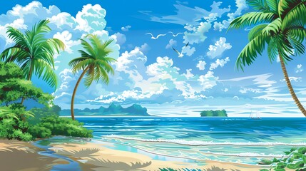A cartoon tropical beach scene with palm trees, a blue sky, and white clouds.