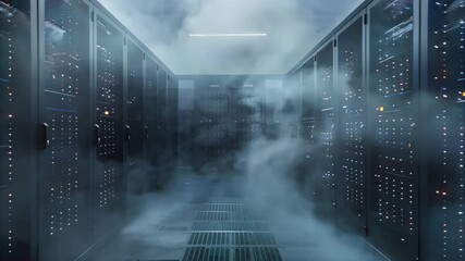 A dimly lit data center filled with server racks, shrouded in fog or mist, creating an eerie atmosphere. - Powered by Adobe