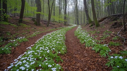 Obraz premium A winding dirt path through a lush forest, lined with white wildflowers.