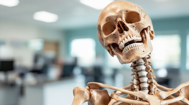 A detailed skeleton model stands prominently against a lightly blurred office backdrop, highlighting anatomy and presenting an educational atmosphere.