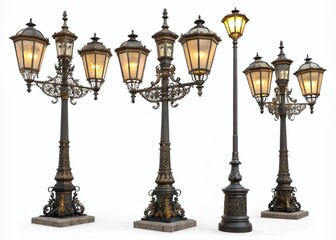 Realistic Retro Street Lanterns Isolated on a Clear Background for Vintage Urban Decor and Design Projects