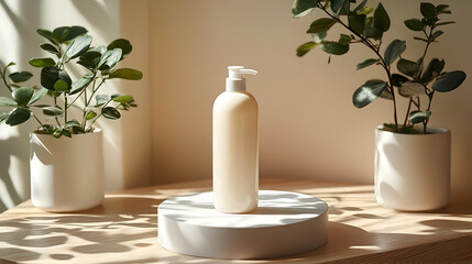 White Pump Bottle on a White Platform with Green Plants
