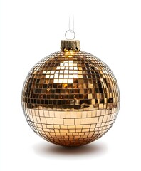 Obraz premium Shiny Gold Disco Ball Ornament Isolated on White Background for Festive Christmas and Party Decor