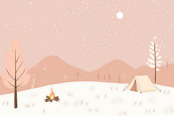 Cozy campsite under a starry night sky with a glowing campfire and a tent surrounded by serene mountains and trees