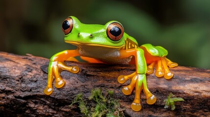 Naklejka premium A vibrant green frog perched on a tree branch in a lush rainforest setting, showcasing its striking features