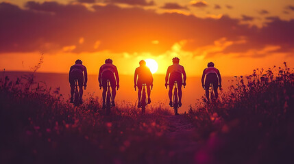 Silhouettes of Cyclists Riding into the Sunset - Realistic Image