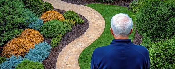 Elderly man gazing down a garden path, reflection on life s journey, wisdom of age