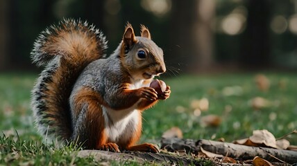 Obraz premium A Red Squirrel Holding a Chestnut in a Forest Setting