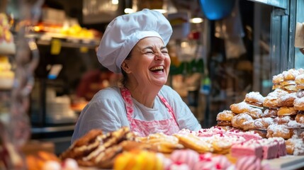 A Smiling Baker in a Bustling Bakery Fills the Air With Warmth and Sweetness While Surrounded by an Array of Delicious Pastries and Treats During a Lively Afternoon