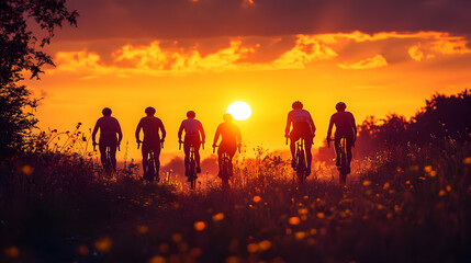Silhouettes of Cyclists at Sunset - Photo