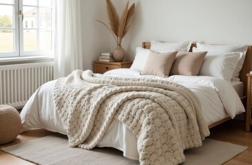 A cozy bedroom showcases a soft blanket, decorative pillows, and a serene atmosphere with natural light filtering in