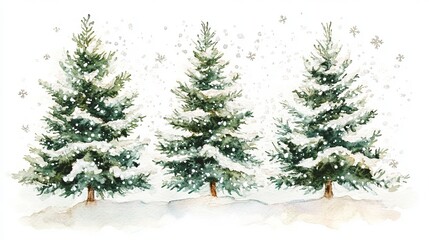Watercolor Winter Landscape with Snow-Covered Evergreen Trees and Snowflakes