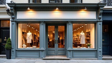 Storefront glass elevation mockup with vintage lighting and decorative moldings, perfect for branding displays.
