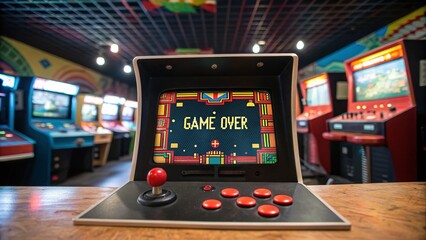 Retro Arcade Game Over Screen Design with Monitor Console - Vintage Gaming Aesthetic for Creative Projects and Digital Art