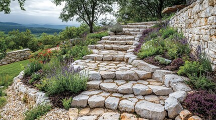 A stone pathway winds through a landscaped garden with plants and scenic views.