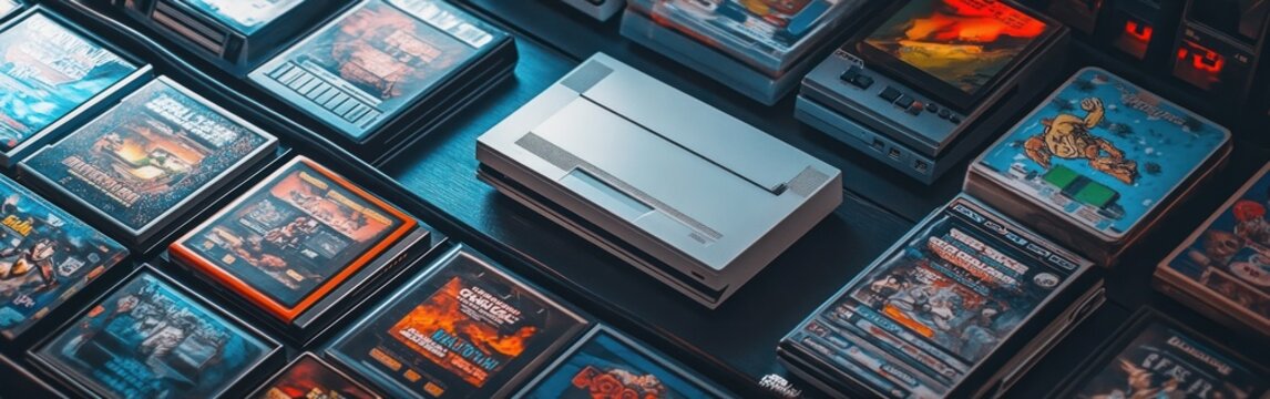 A top-down view of a vintage video game console surrounded by a collection of video game cartridges.