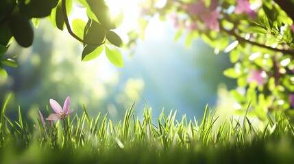 Obraz premium A Tranquil Spring Morning With Delicate Pink Flowers Blooming Amidst Lush Green Grass Under a Sunlit Canopy in a Serene Garden Setting