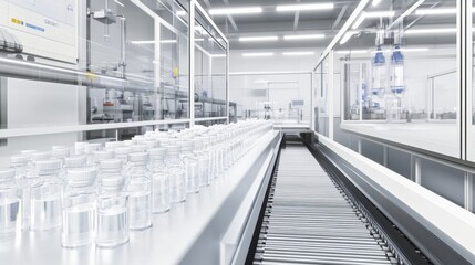 Modern Pharmaceutical Production Facility With Clear Vials on a Conveyor Belt and Advanced Filling Equipment in a Sterile Environment During Daylight Hours