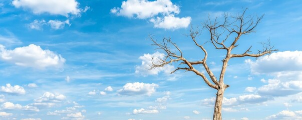 Fototapeta premium A solitary, leafless tree stands against a bright blue sky dotted with fluffy clouds, embodying resilience and tranquility in nature.