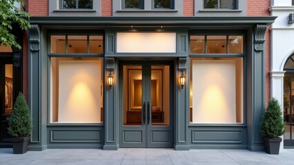 Realistic modern storefront mockup featuring classic moldings and vintage lighting, ideal for showcasing premium brands.
