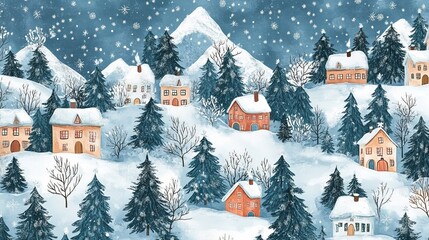Naklejka premium Seamless Winter Village Landscape with Snowy Pines and Mountains for Christmas 2025