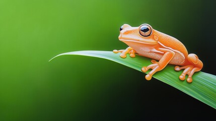 Bright orange frog perched on a green leaf against a blurred background in a tropical environment.