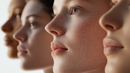 Fototapeta premium Four Diverse Faces Highlighted in Profile Showcasing Beauty Standards and Skincare Ideals in a Contemporary Setting With a Soft, Neutral Background