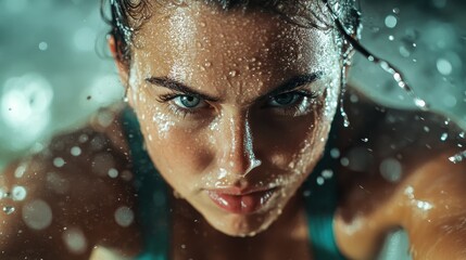 A focused athlete during an intense workout, sweat glistening on their determined face. The image captures the drive and vigor of motivational fitness endeavors.