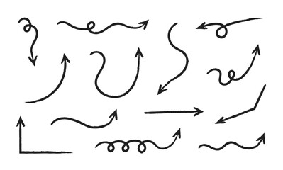 Line black arrows hand-drawn set for infographics. Various vector artistic, curved, arched, uneven arrow-shaped cursors for web design or interface. Different directions pointer set.	