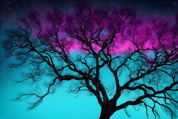 Leafless tree branches in silhouette against a bright turquoise and magenta background, Ai Generated