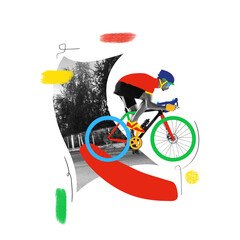 Contemporary art collage. Cyclist in vibrant colors against grayscale, captured mid-speed. Abstract...