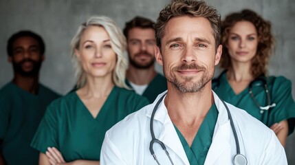 A group of medical professionals, dressed in green uniforms and white coat, pose in a confident and welcoming manner, embodying health and teamwork.