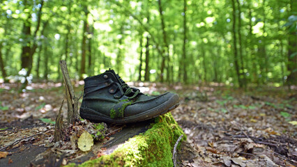 boot close-up. Old torn shoes. worn out shoes. thrown in the street. the concept of poverty, there is nothing to put on. dilapidated, on an old stump in the forest. overgrown with moss. space for text