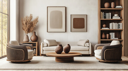 Living room with cozy grey sofa in a loft style interior with potted plants, Open space, white living room interior with a big rug on dark, hardwood floor and a beige corner sofa.