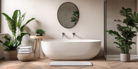 Minimalist and modern bathroom, soft white and beige color scheme, stylish white basin with oval mirror, deep soaking bathtub, seamless glass shower, decorative greenery, dark parquet wood floor