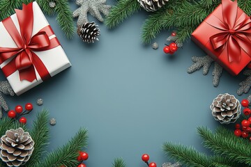 Holiday flat lay with red and white wrapped gifts fir branches berries and pinecones on a blue background creating a festive and cozy seasonal aesthetic
