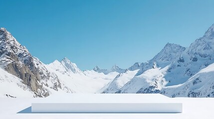 Minimalist Display Platform Against a Stunning Snowy Mountain