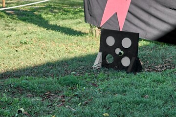 A children's archery target set up in a park, with arrows hitting the bullseye. Perfect for outdoor...