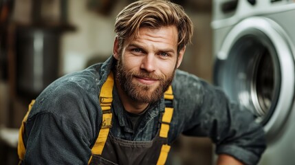 A bearded man wearing a denim shirt and overalls, leaning against a washing machine in a workshop, suggesting casual labor, craftsmanship, and hands-on work.