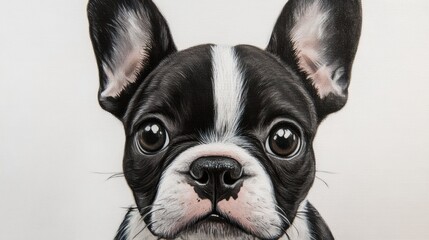 Close-up portrait of a black and white French Bulldog, looking directly at the camera with large, curious eyes.