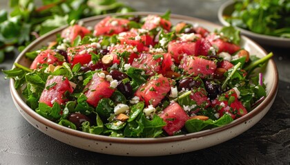 Watermelon, Feta, and Black Olive Salad with Almonds