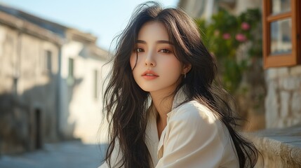 Obraz premium A young woman with long black hair looks at the camera while sitting in a sunny European city street.