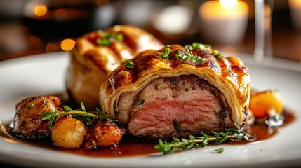 A delicious beef Wellington dish on a plate, perfectly cooked and topped with fresh herbs, is complemented by roasted potatoes, exuding culinary artistry.