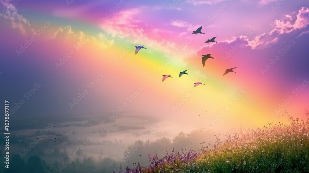 Poster a flock of multi-colored birds soaring through a rainbow sky over a beautiful landscape.