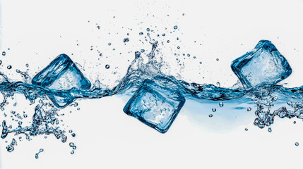Floating ice cubes with splashing water, droplets, and refreshing motion isolated on a clean white background.
