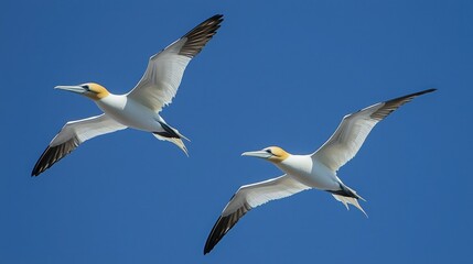 Obraz premium Two birds soaring through a cloudless blue sky, perfectly synchronized in flight. 