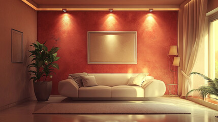 Terra cotta and white armchair near sofa against window and concrete, Corner sofa in modern interior design room in beige colors.