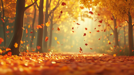 A 3D autumn forest scene with vibrant orange, yellow, and red leaves gently falling from the trees. The forest floor is covered with fallen leaves, and soft light filters through the branches.